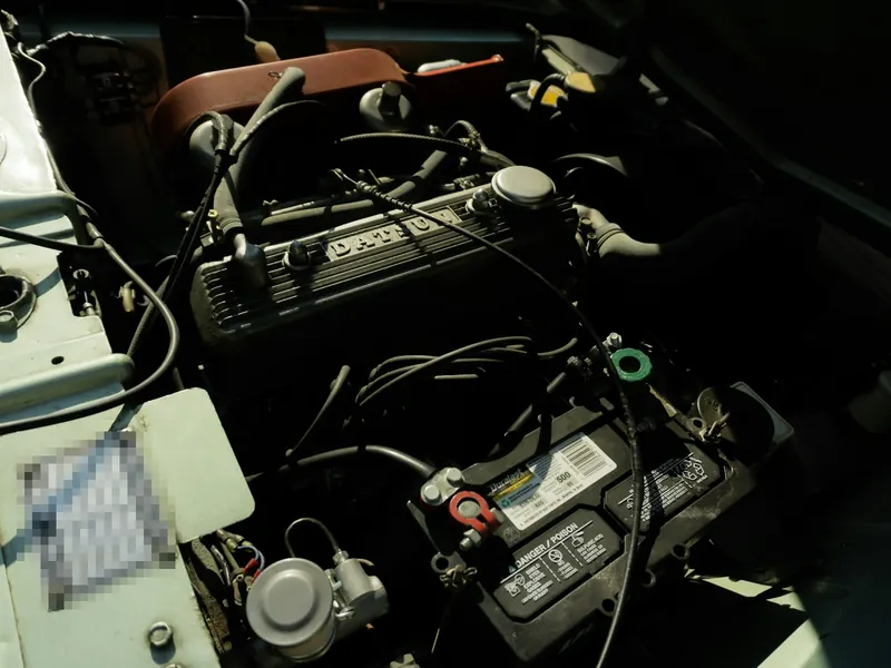A four-cylinder engine in a pale green engine bay, with its ribbed rocker cover and the battery beside it.